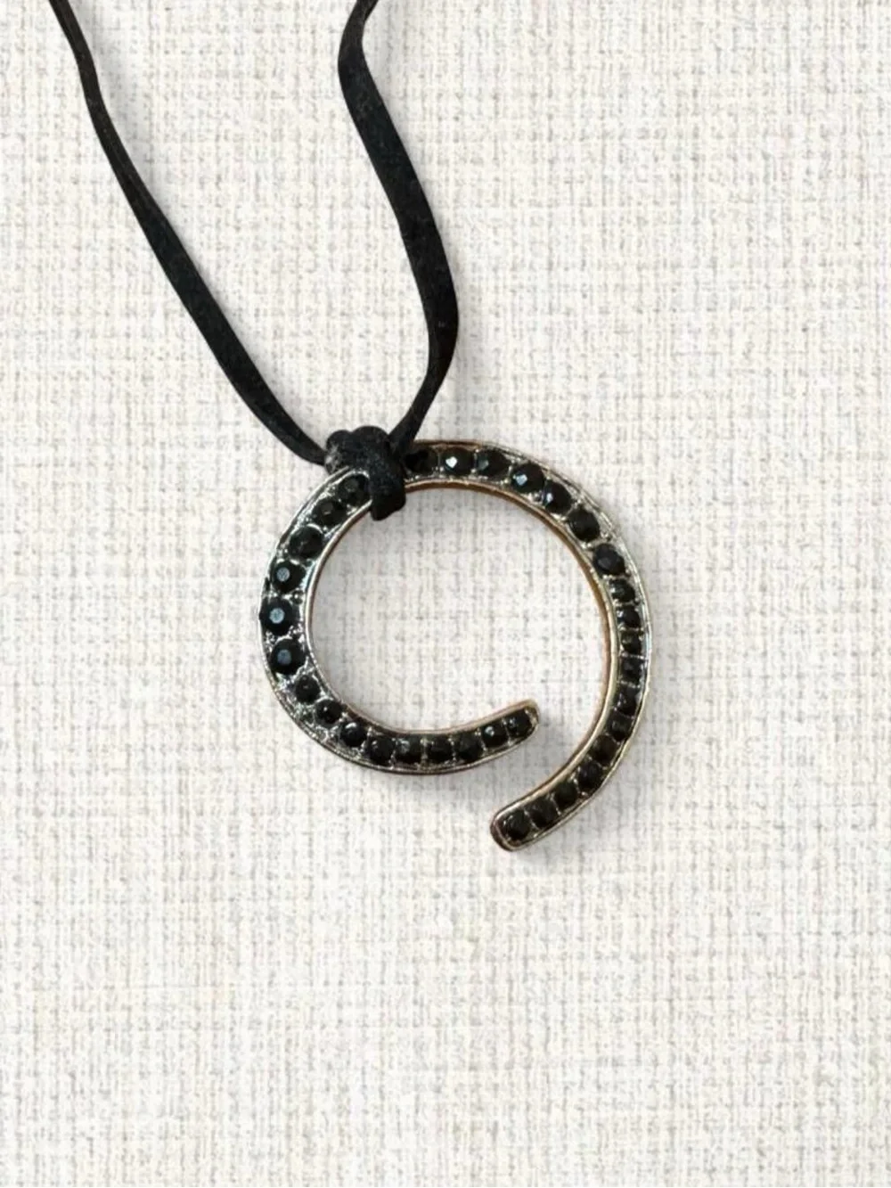 Black Rhinestone Spiral Pendant Cord Necklace
